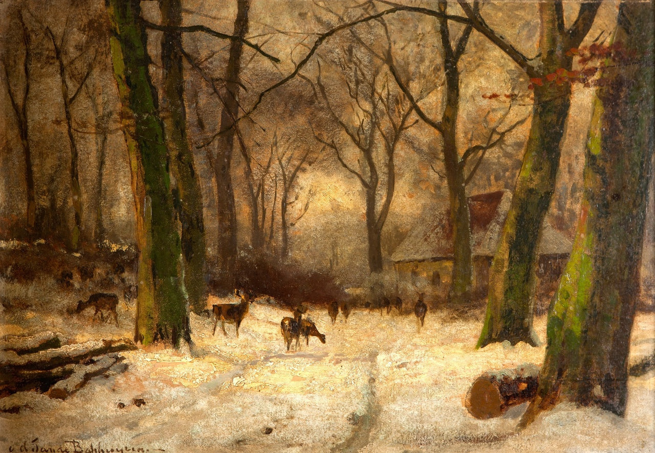 Deer in the Winter Forest, vintage artwork by Julius Jacobus van de Sande Bakhuyzen, 12x8" (A4) Poster