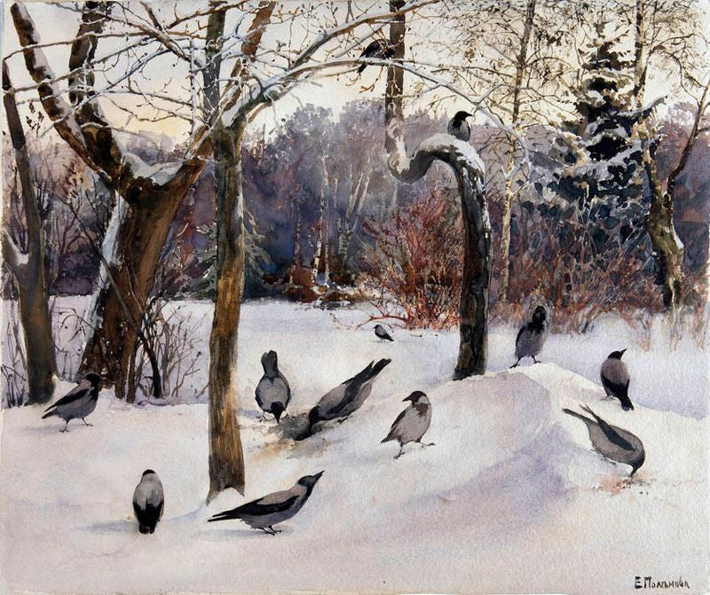 Landscape with Crows, vintage artwork by Elena Polenova, 12x8" (A4) Poster