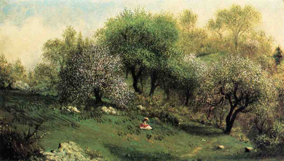 Girl on a Hillside, Apple Blossoms, vintage artwork by Martin Johnson Heade, A3 (16x12") Poster Print