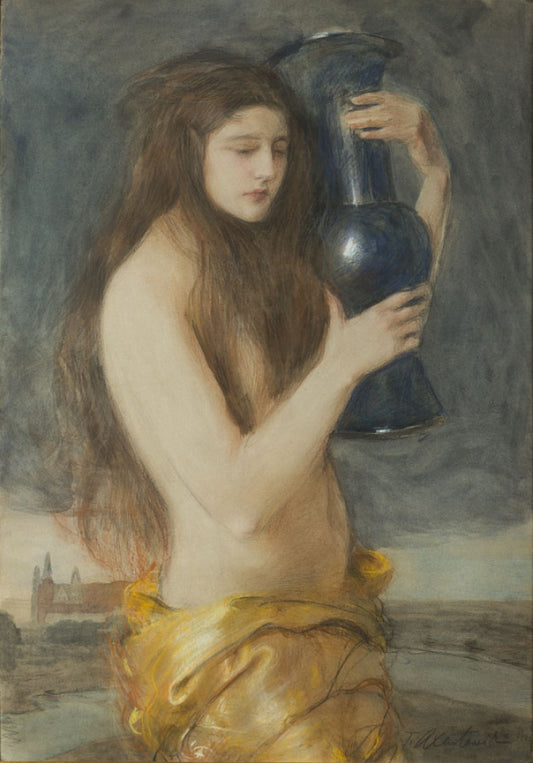 Woman with jar on the background of Wawel, vintage artwork by Theodor Axentowicz, 12x8" (A4) Poster