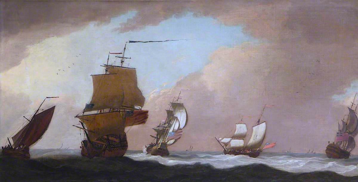Four British Warships and a Fishing Smack in a Strong Wind, vintage artwork by Peter Monamy, 12x8" (A4) Poster