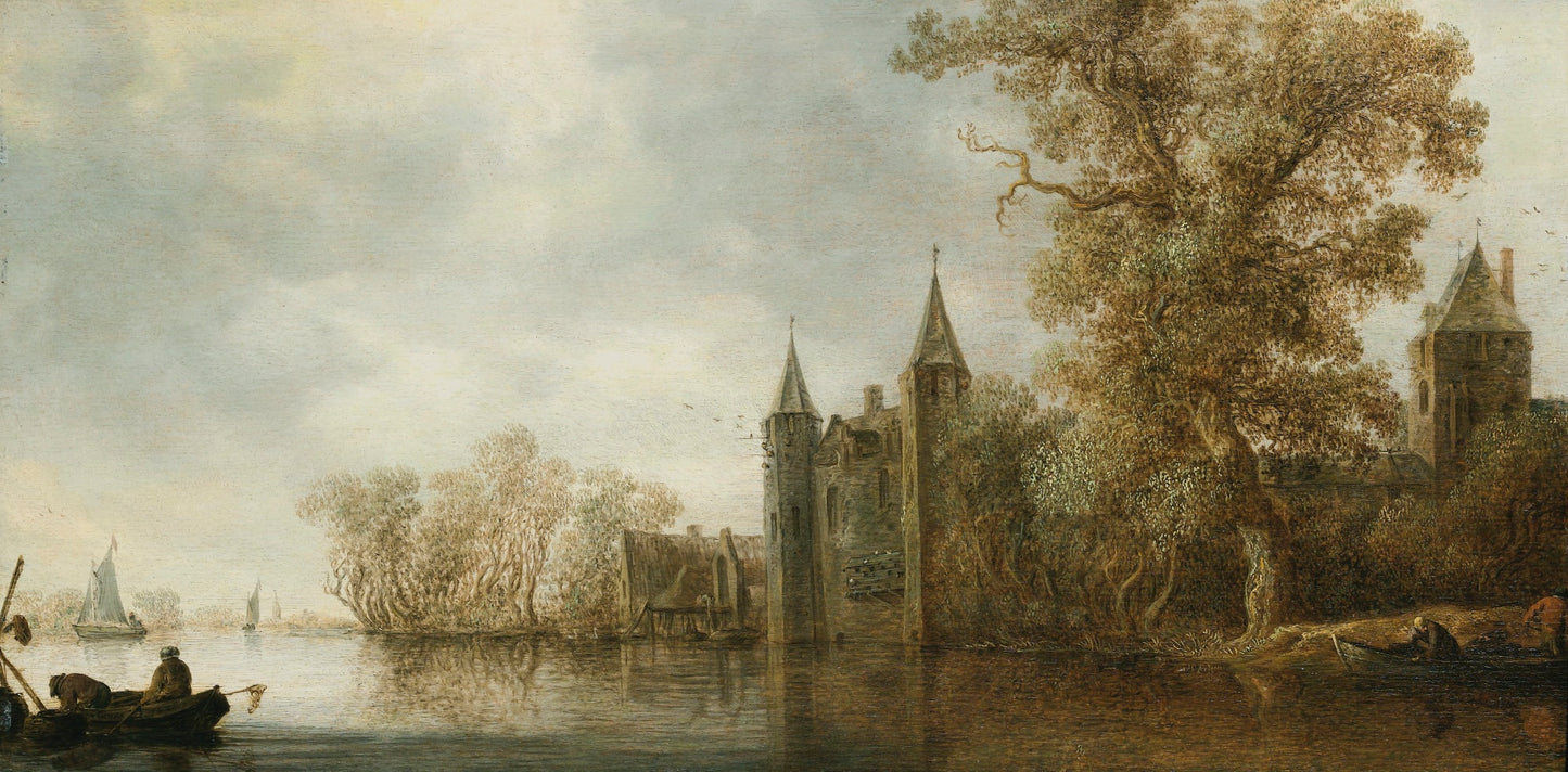 River Landscape with a Medieval Fortification, vintage artwork by Jan van Goyen, 12x8" (A4) Poster