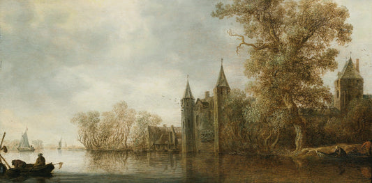 River Landscape with a Medieval Fortification, vintage artwork by Jan van Goyen, 12x8" (A4) Poster
