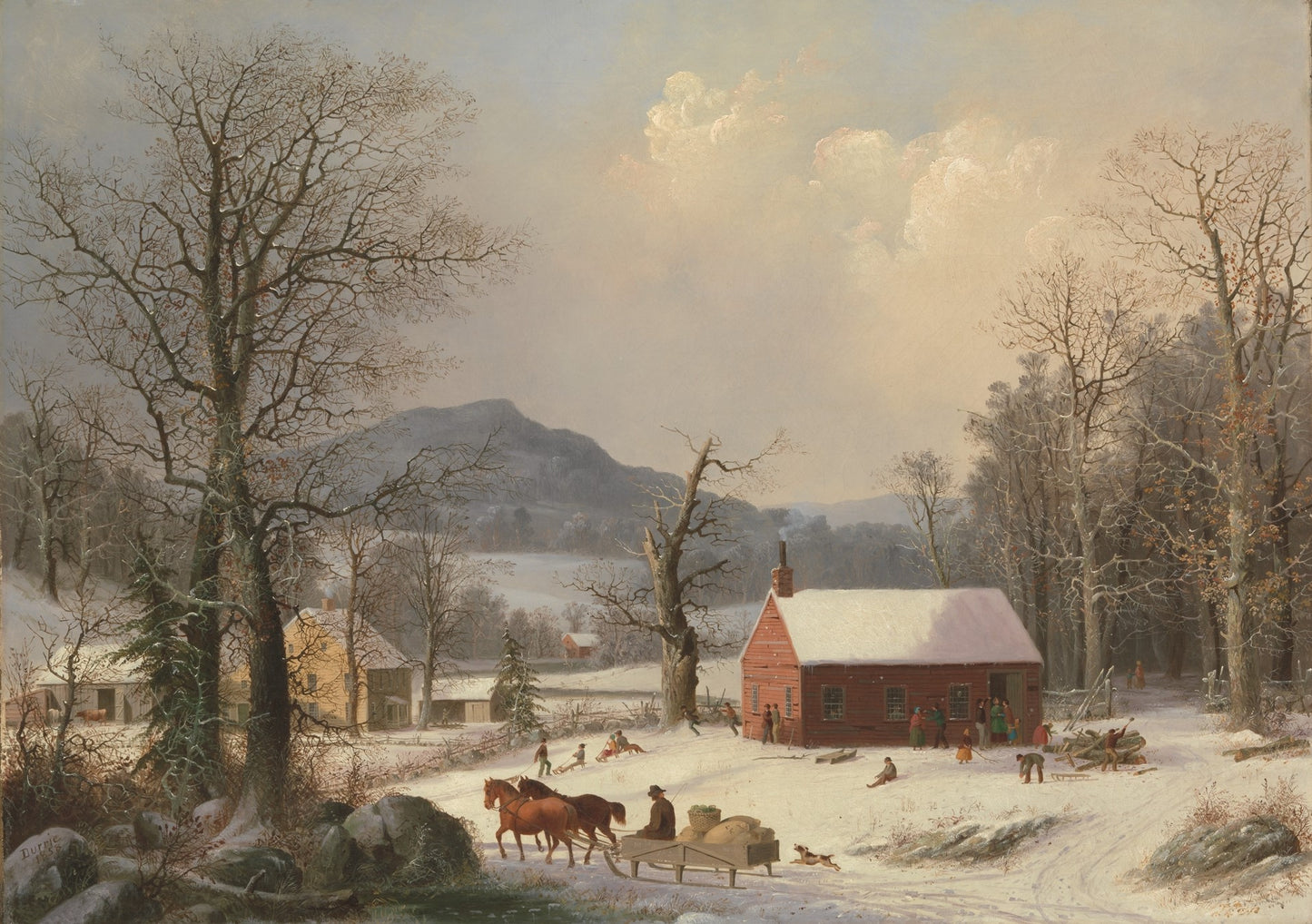 Red School House (Country Scene), vintage artwork by George Henry Durrie, A3 (16x12") Poster Print