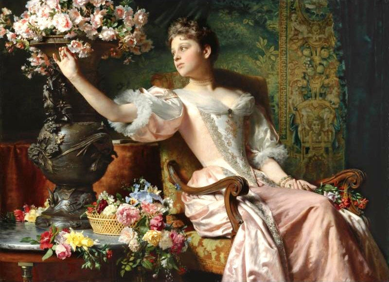 Lady in a Pink Dress with Flowers, vintage artwork by Władysław Czachórski, 12x8" (A4) Poster