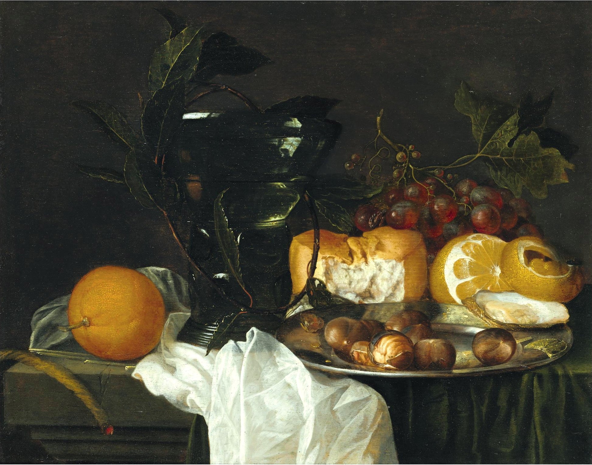 Still Life with a Roemer, a Peeled Lemon, Bread, an Oyster, etc., vintage artwork by Jan Davidsz. de Heem, 12x8" (A4) Poster