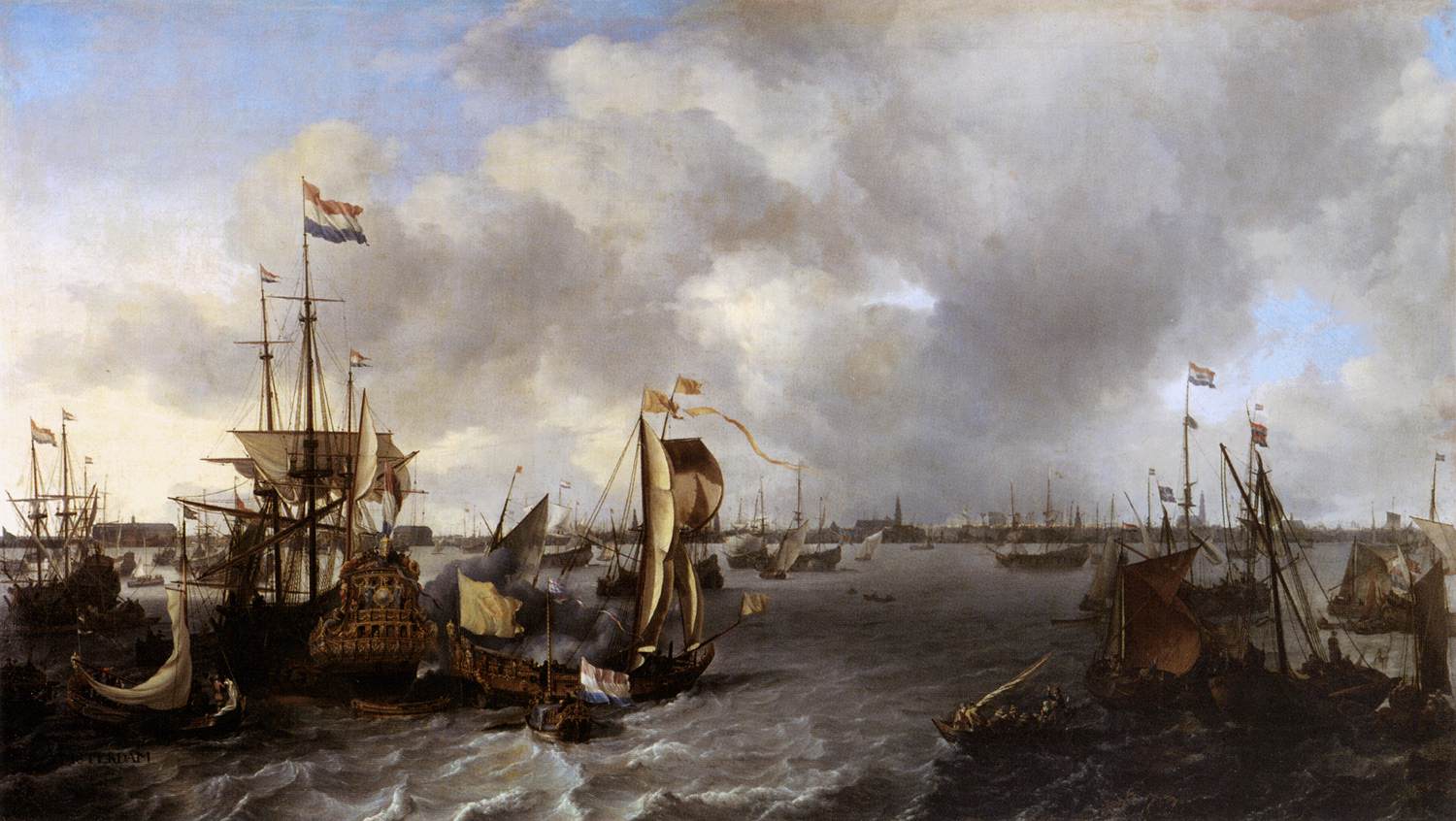 View of Amsterdam with Ships on the IJ, vintage artwork by Ludolf Backhuysen, 12x8" (A4) Poster