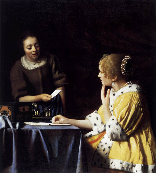 Lady with Her Maidservant Holding a Letter, vintage artwork by Johannes Vermeer, 12x8" (A4) Poster