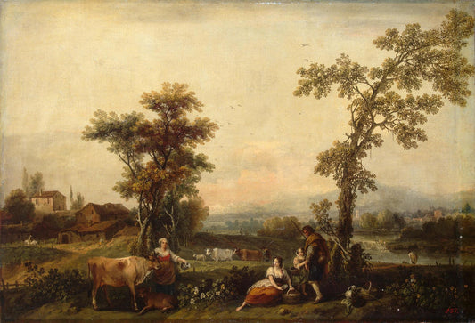 Landscape with a Woman Leading a Cow, vintage artwork by Francesco Zuccarelli, 12x8" (A4) Poster