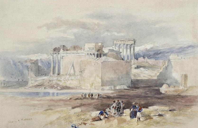Arabs before Baalbek, vintage artwork by Henry Andrew Harper, 12x8" (A4) Poster