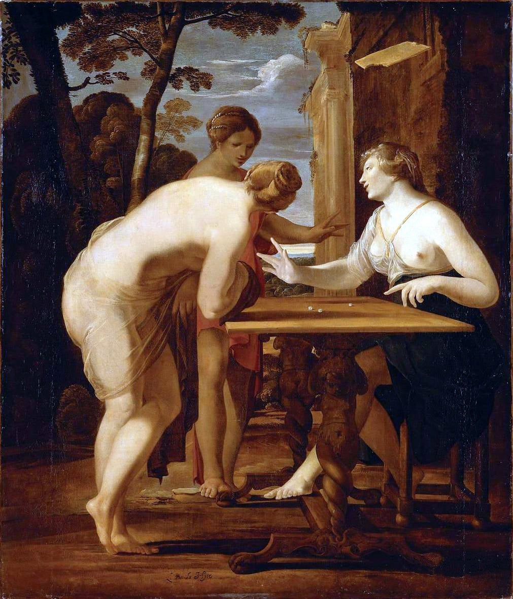 Women Playing Dices, vintage artwork by Laurent de La Hyre, 12x8" (A4) Poster