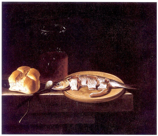 Still Life with Herring, Bread, and Glass of Beer, vintage artwork by Adriaen Coorte, 12x8" (A4) Poster