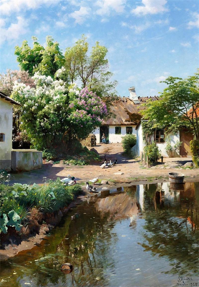 a thatched house with blooming lilacs by Peder Mork Monsted,A3(16x12")Poster