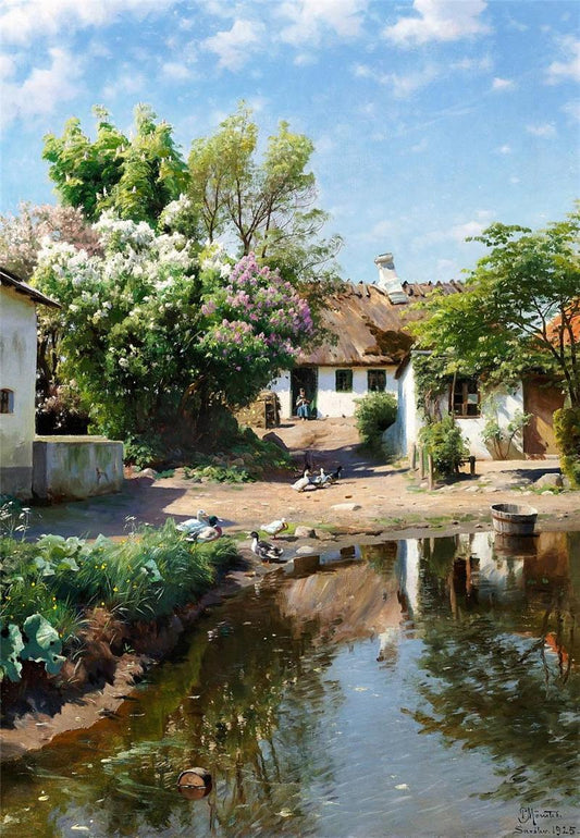 a thatched house with blooming lilacs by Peder Mork Monsted,A3(16x12")Poster
