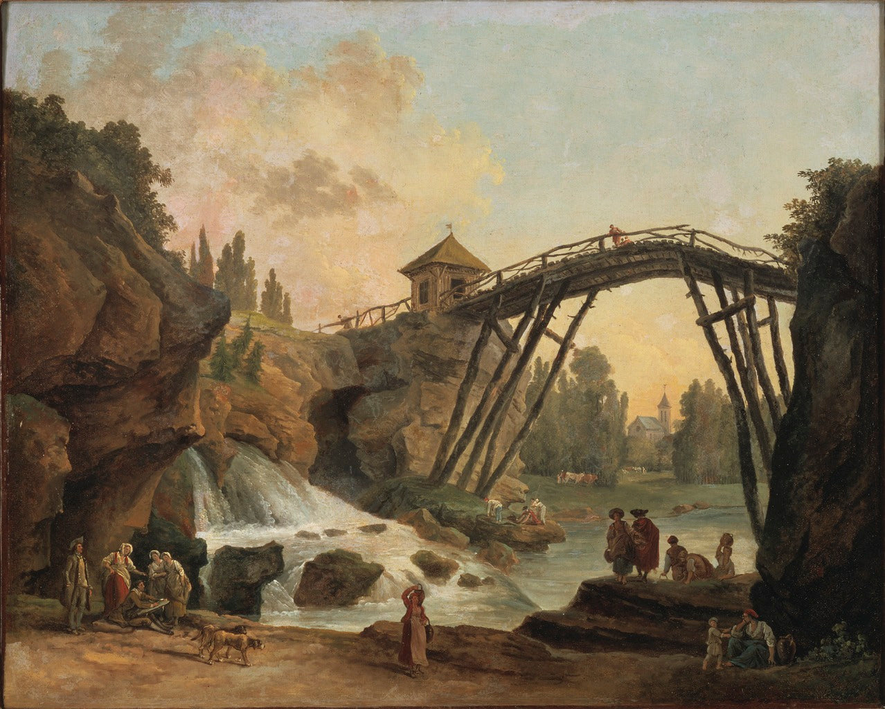 Draughtsman Drawing the Wooden Bridge in the Park of Mereville, vintage artwork by Hubert Robert, 12x8" (A4) Poster
