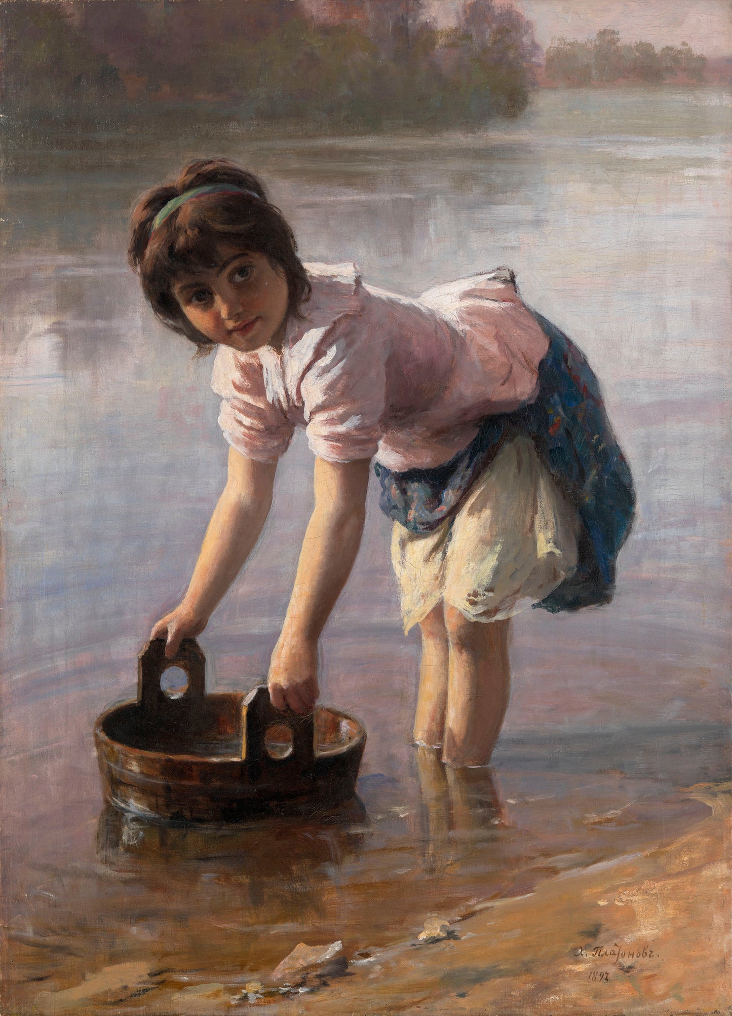 Girl Doing Laundry in a River, vintage artwork by Khariton Platonov, 12x8" (A4) Poster