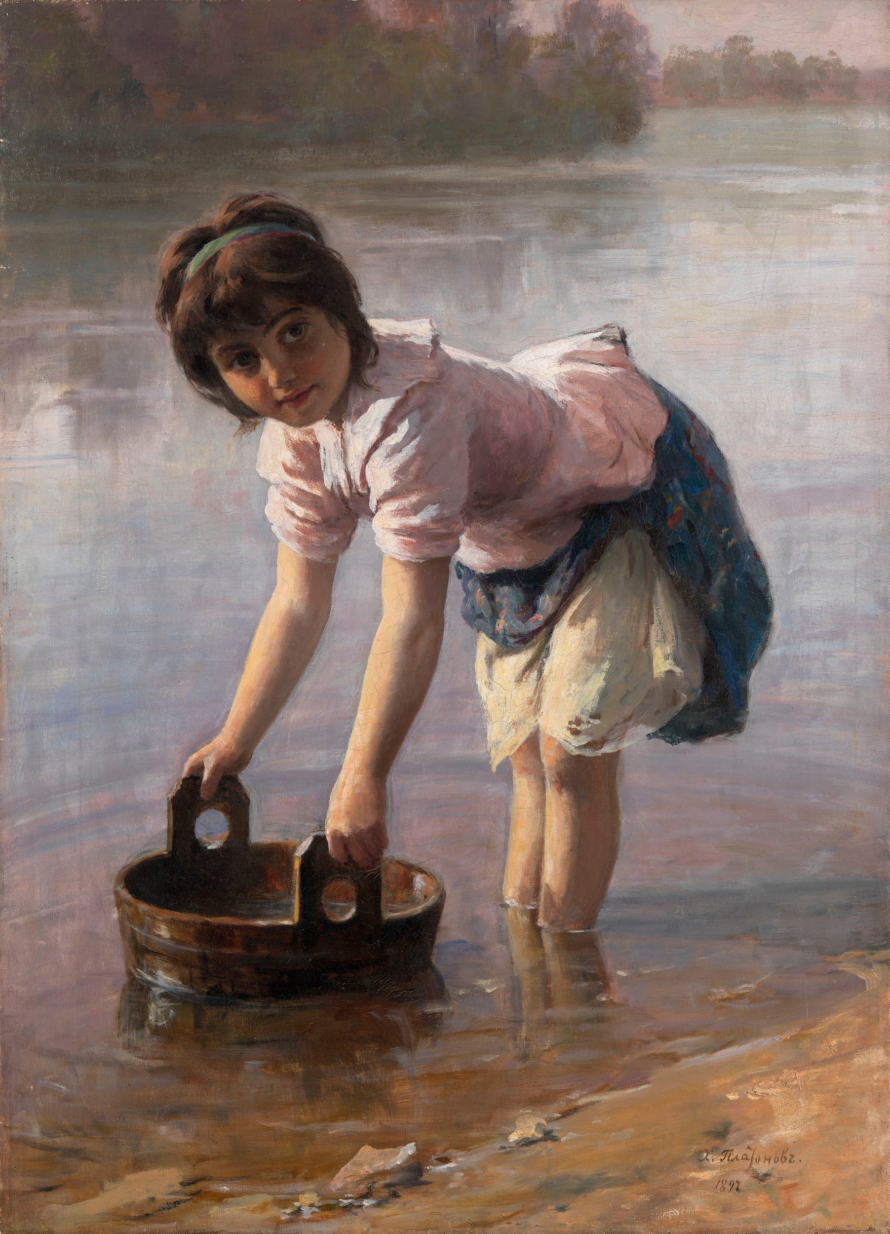 Girl Doing Laundry in a River, vintage artwork by Khariton Platonov, 12x8" (A4) Poster