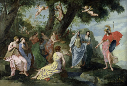 Minerva and the muses, vintage artwork by Jacques Stella, 12x8" (A4) Poster