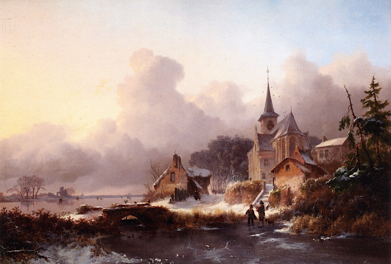 A Winter's Day in the Village with Figures on the Ice, vintage artwork by Frederk Marinus Kruseman, A3 (16x12") Poster Print