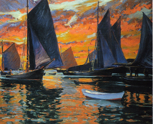 Sails in the Sunset, vintage artwork by Jonas Lie, 12x8" (A4) Poster