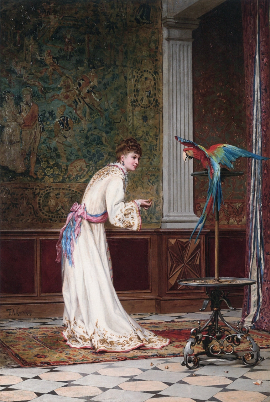Feeding the Macaw, vintage artwork by Frederik Henrdik Kaemmerer, 12x8" (A4) Poster