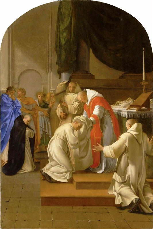 Life of Saint Bruno, Saint Bruno Giving the Habit to Several Novices, vintage artwork by Eustache Le Sueur, 12x8" (A4) Poster