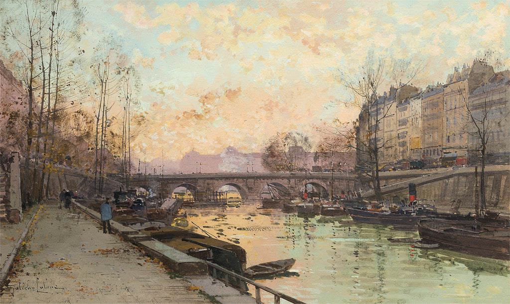 Evening, Pont Neuf, vintage artwork by Eugene Galien-Laloue, 12x8" (A4) Poster