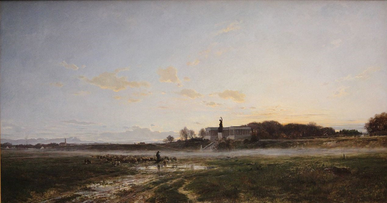 Theresienwiese Fields with the Statue of Bavaria at Dusk , vintage artwork by Adolf Heinrich Lier, 12x8" (A4) Poster