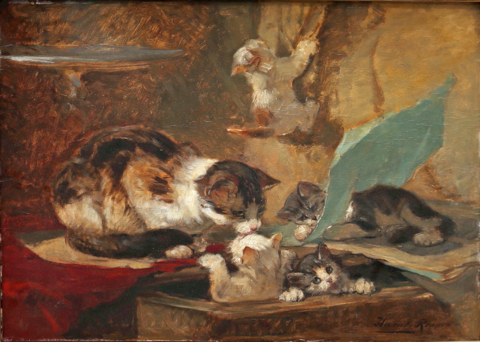 Cat Playing with Her Kittens, vintage artwork by Henriette Ronner-Knip, A3 (16x12") Poster Print