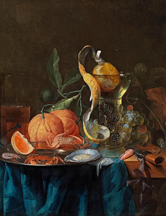 A still life of oranges, grapes, a rummer of wine, a kometenglas of ale, a crab and an oyster, vintage artwork by Pieter de Ring, 12x8" (A4) Poster