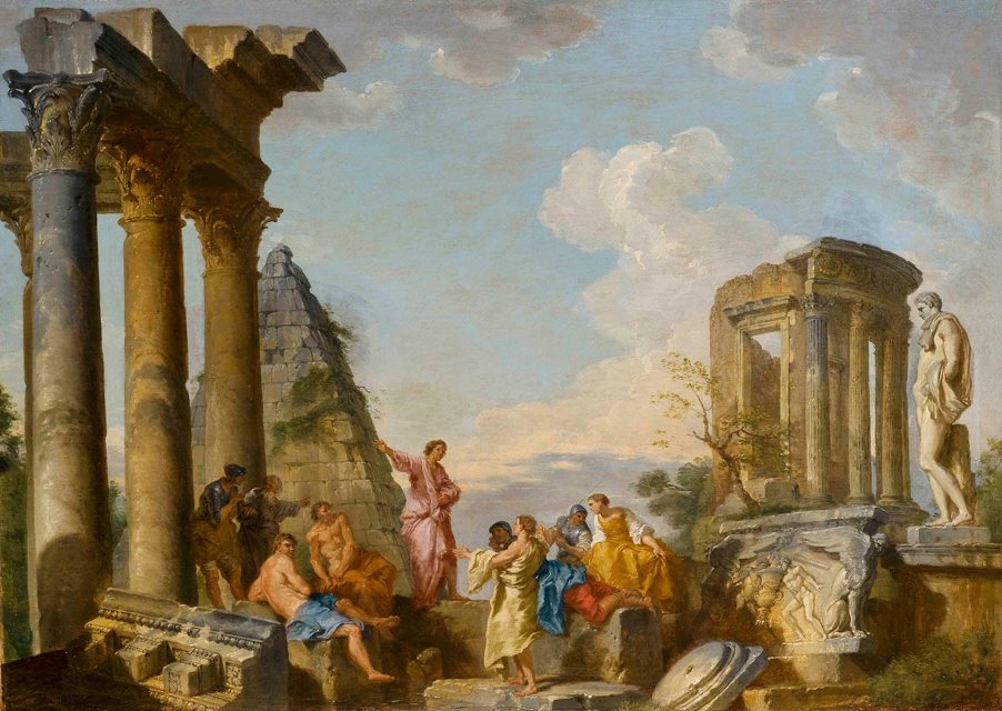 Architectural Capriccio with an Apostle Preaching, vintage artwork by Giovanni Paolo Panini, 12x8" (A4) Poster