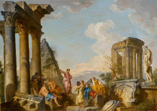 Architectural Capriccio with an Apostle Preaching, vintage artwork by Giovanni Paolo Panini, 12x8" (A4) Poster