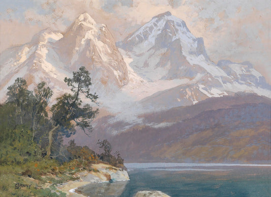 Landscape with a Lake and Mountains, vintage artwork by Georg Janny, 12x8" (A4) Poster