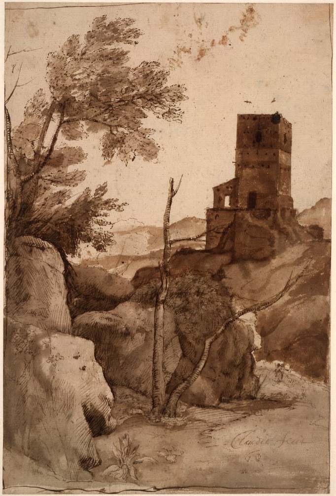 Landscape with Tower, vintage artwork by Claude Lorrain, 12x8