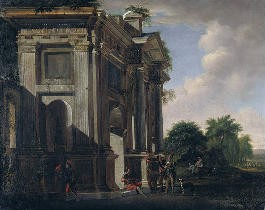 Capriccio of a triumphal arch and soldiers, vintage artwork by Viviano Codazzi, 12x8" (A4) Poster