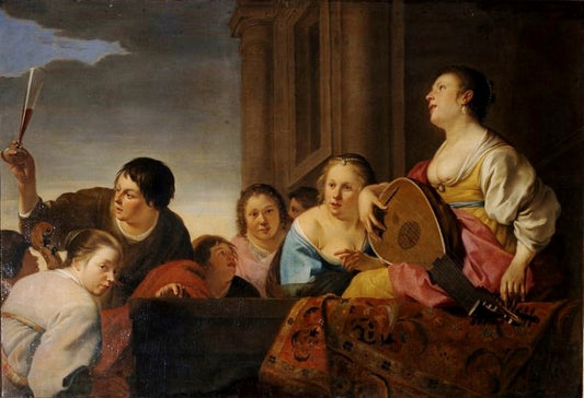 Lustige Gesellschaft mit Lautenspielerin, vintage artwork by Jan van Bronckhorst, 12x8" (A4) Poster
