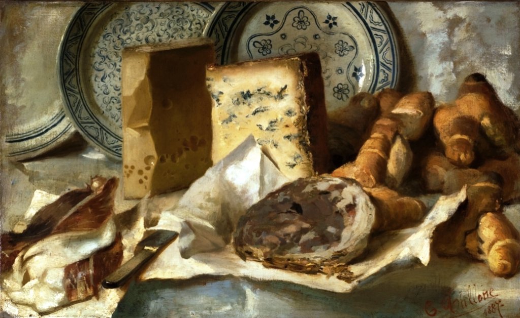 Still life with cheese and salami, vintage artwork by Cesare Tallone, 12x8" (A4) Poster