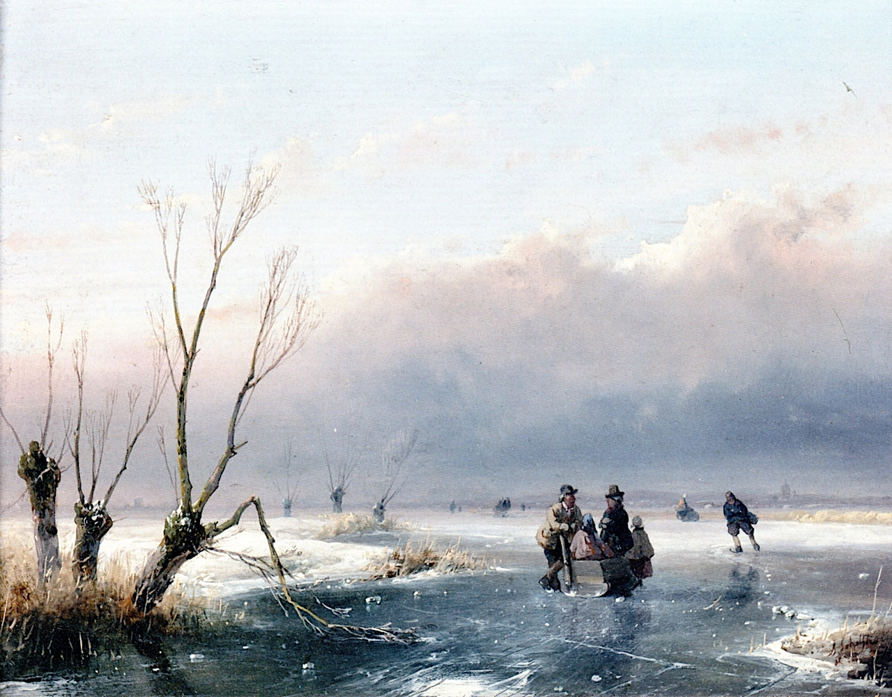 Winter Landscape with Skaters on the Ice, vintage artwork by Andreas Schelfhout, 12x8" (A4) Poster