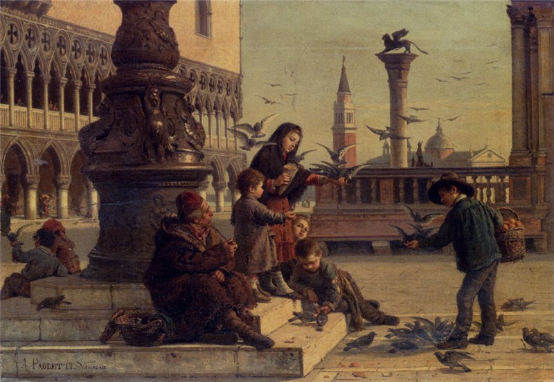 Feeding The Pigeons, vintage artwork by Antonio Paoletti, 12x8" (A4) Poster