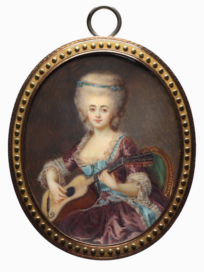 Portrait of a Woman with a Guitar, called Louise D'Aumont, Mazarin, Duchesse d'Aumont, vintage artwork by Antoine Vestier, 12x8" (A4) Poster