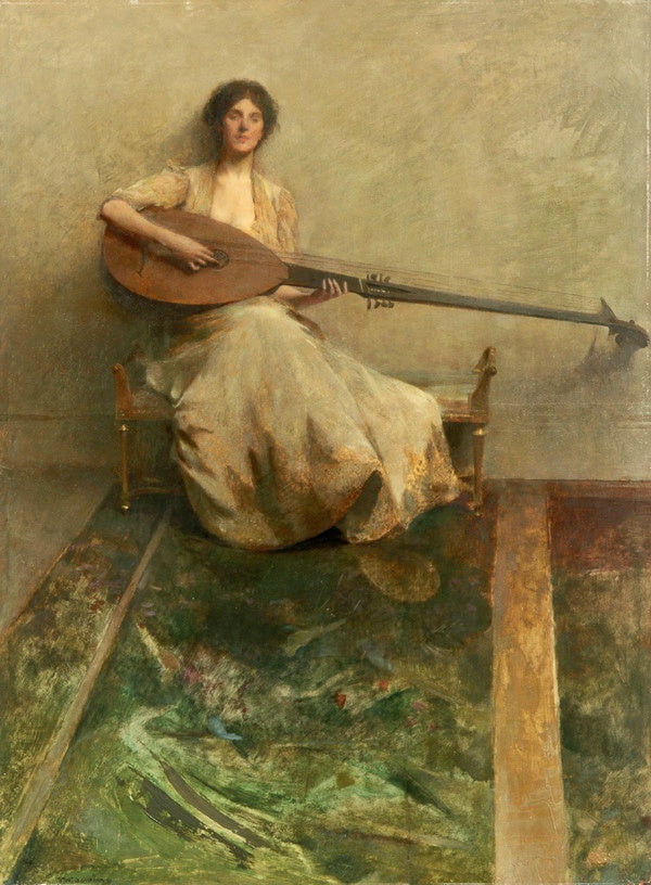 Girl with Lute, vintage artwork by Thomas Wilmer Dewing, 12x8" (A4) Poster