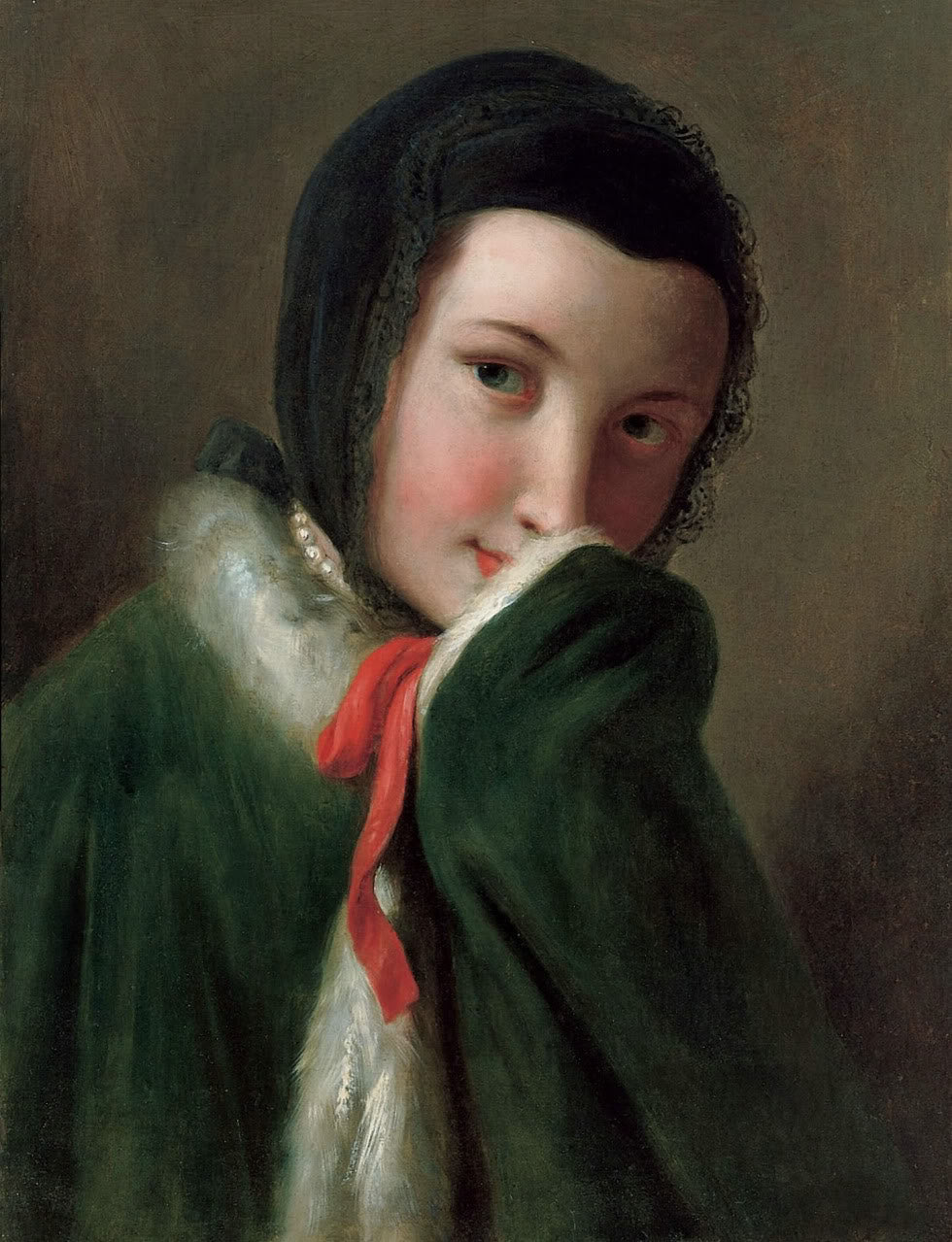 Portrait of a Woman with Black Lace Scarf, Green Coat with White Fur, vintage artwork by Pietro Antonio Rotari, 12x8" (A4) Poster