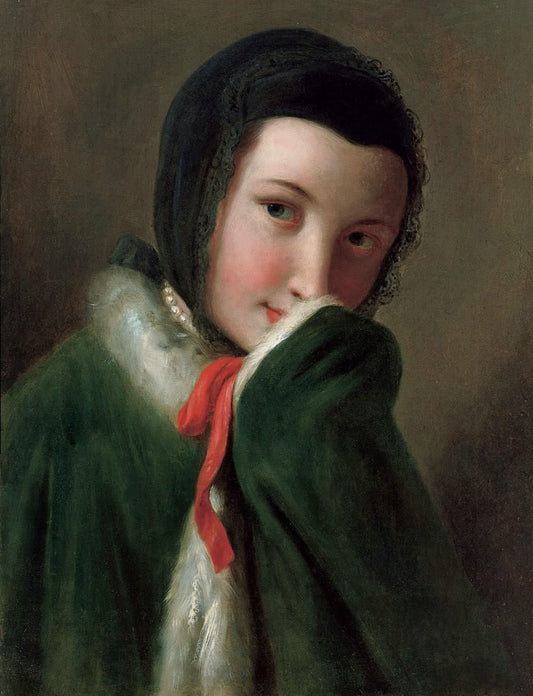 Portrait of a Woman with Black Lace Scarf, Green Coat with White Fur, vintage artwork by Pietro Antonio Rotari, 12x8" (A4) Poster
