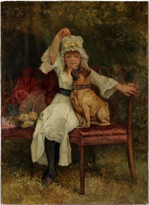 Girl and Pug, vintage artwork by Edward Killingworth Johnson, 12x8" (A4) Poster
