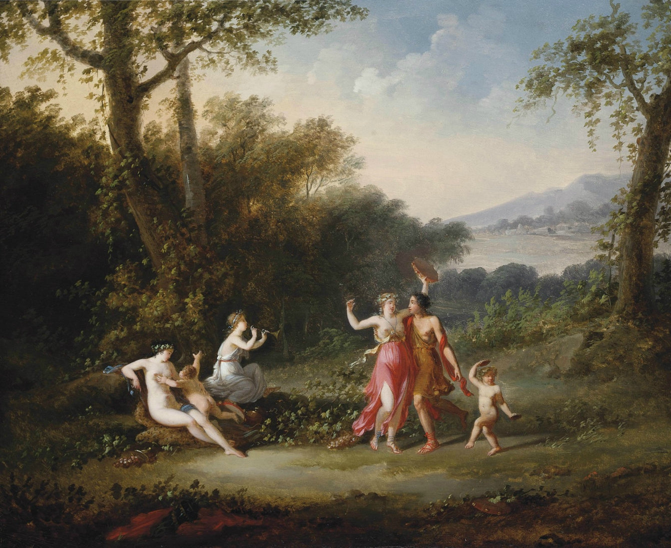 A Wooded Landscape with Nymphs Music Making and Dancing, vintage artwork by Jacques-Antoine Vallin, 12x8" (A4) Poster