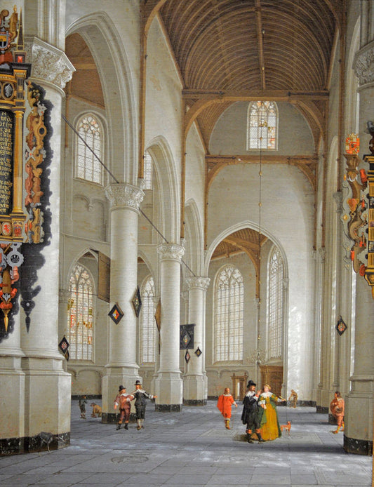 The Interior of the Church of St. Laurens in Rotterdam, vintage artwork by Anthonie Delorme, 12x8" (A4) Poster