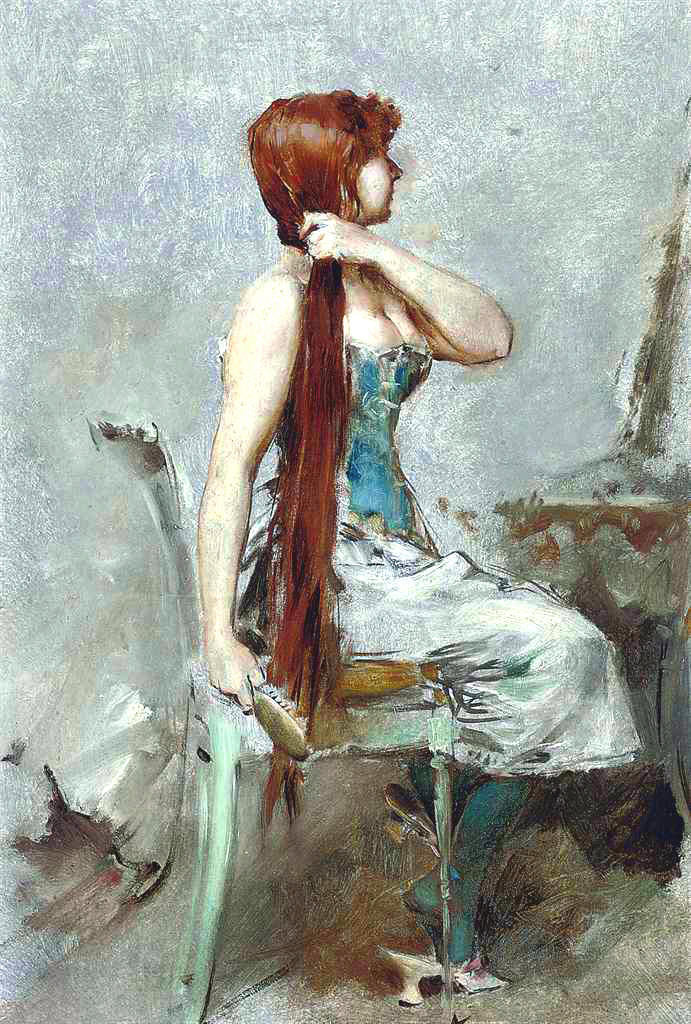 Red-haired Girl at her Toilet, vintage artwork by Frederik Henrdik Kaemmerer, 12x8" (A4) Poster