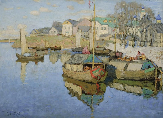 Boats on the River, vintage artwork by Konstantin Gorbatov, 12x8" (A4) Poster