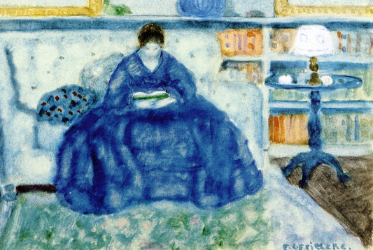 The Blue Dress, Giverny, vintage artwork by Frederick Carl Frieseke, 12x8" (A4) Poster