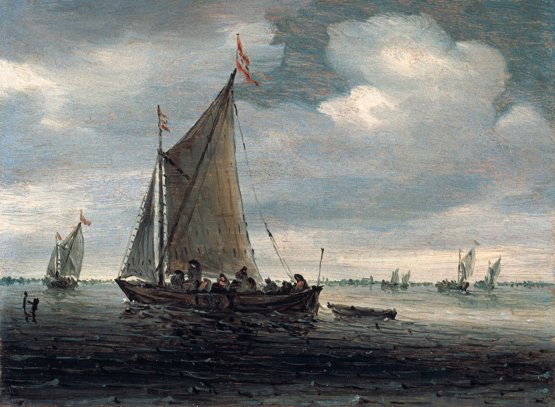 An estuary scene with a kaag  running before  light breeze, and others similar beyond, vintage artwork by Salomon van Ruysdael, 12x8" (A4) Poster